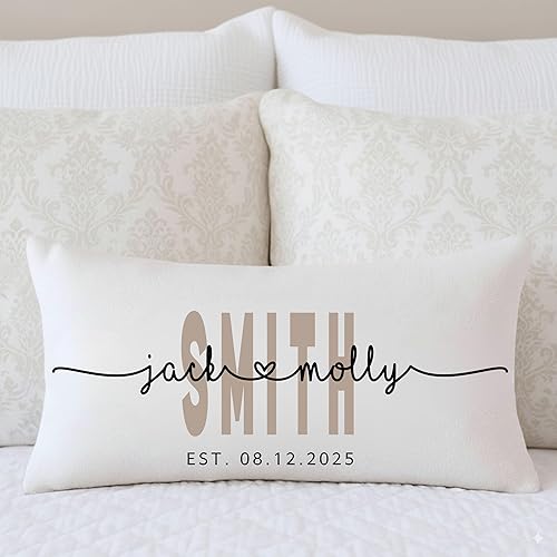 Miniatura 5 de Funda de almohada personalizada para boda con nombres de la pareja y fecha personalizada, almohada con monograma para aniversario de boda,