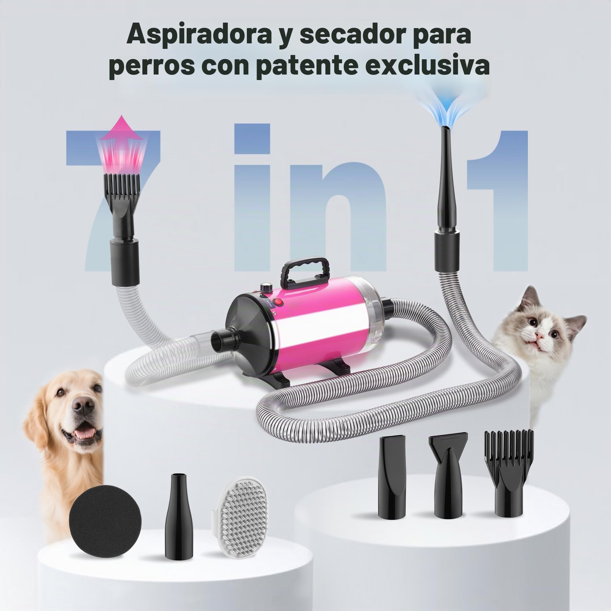 DEWINNER 3200W Secador Pelo Perro Profesional| Secador y Aspirador para Mascotas| Flujo de aire y Temperatura Ajustables |5 Boquillas| 1 Manguera Elástica| 1 Cepillo de Cuidado| Rosa