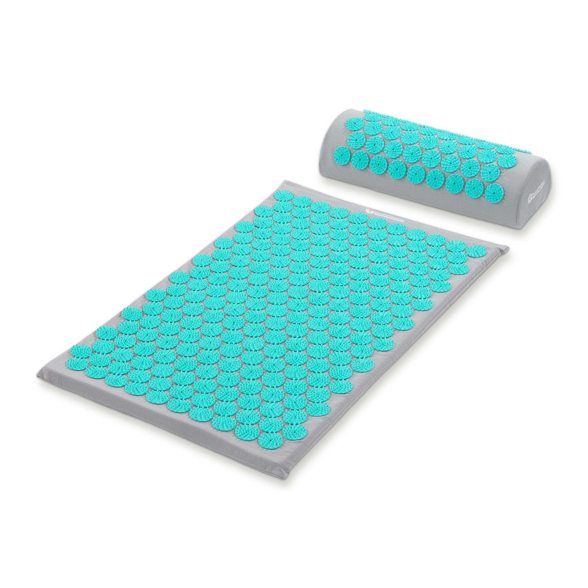 HyperMotion Akupressurmatte mit Kissen Eco - Akupunktur Matte - Massagematte Ganzkörpermassage, Akupressurmatte Set für Entspannung, Kokosfaser und Buchweizen, Grau-Mint, 72 x 42 x 2 cm