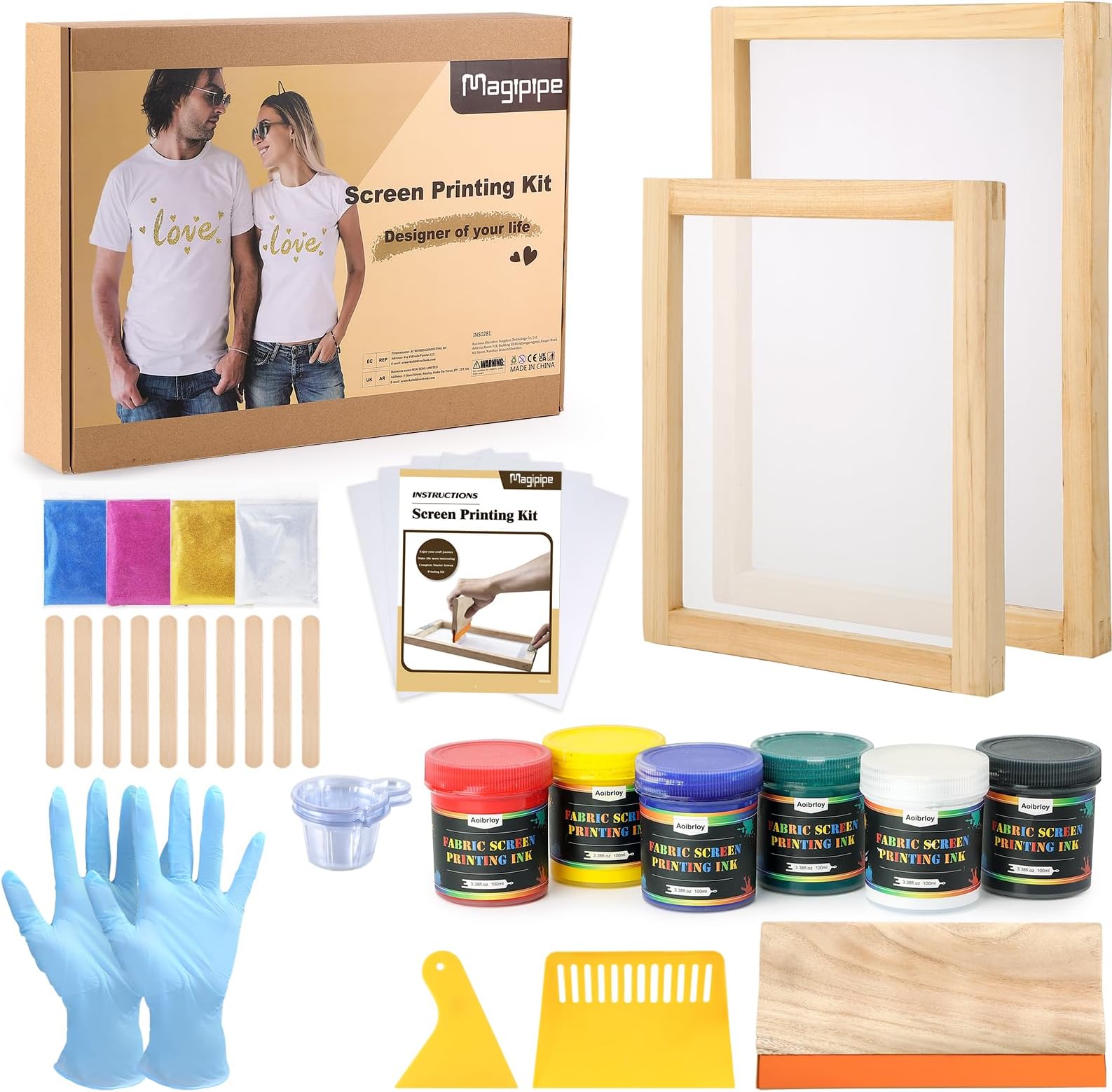 Magipipe 43 Pieces Screen Printing Kit with 6 Fabric Screen Printing Ink, Wood Screen Printing Frames, Screen Printing Squeegee, Inkjet Transparency Film