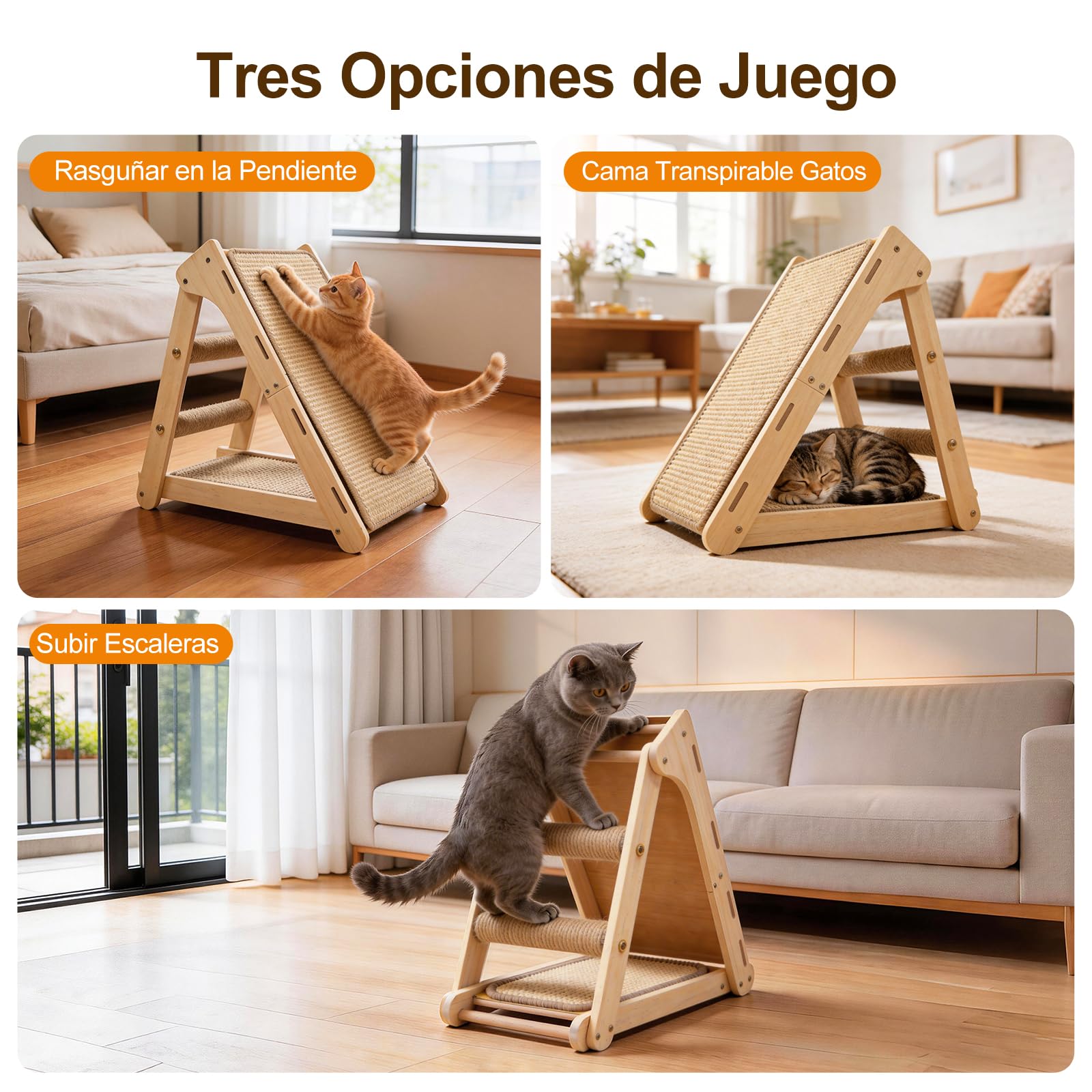 DONWEI Rascador Gatos Triangular Madera Haya Sisal Ahorra Espacio 50CM | Madera maciza, sisal resistente, diseño compacto, rasca y descansa, gatos interior pequeños