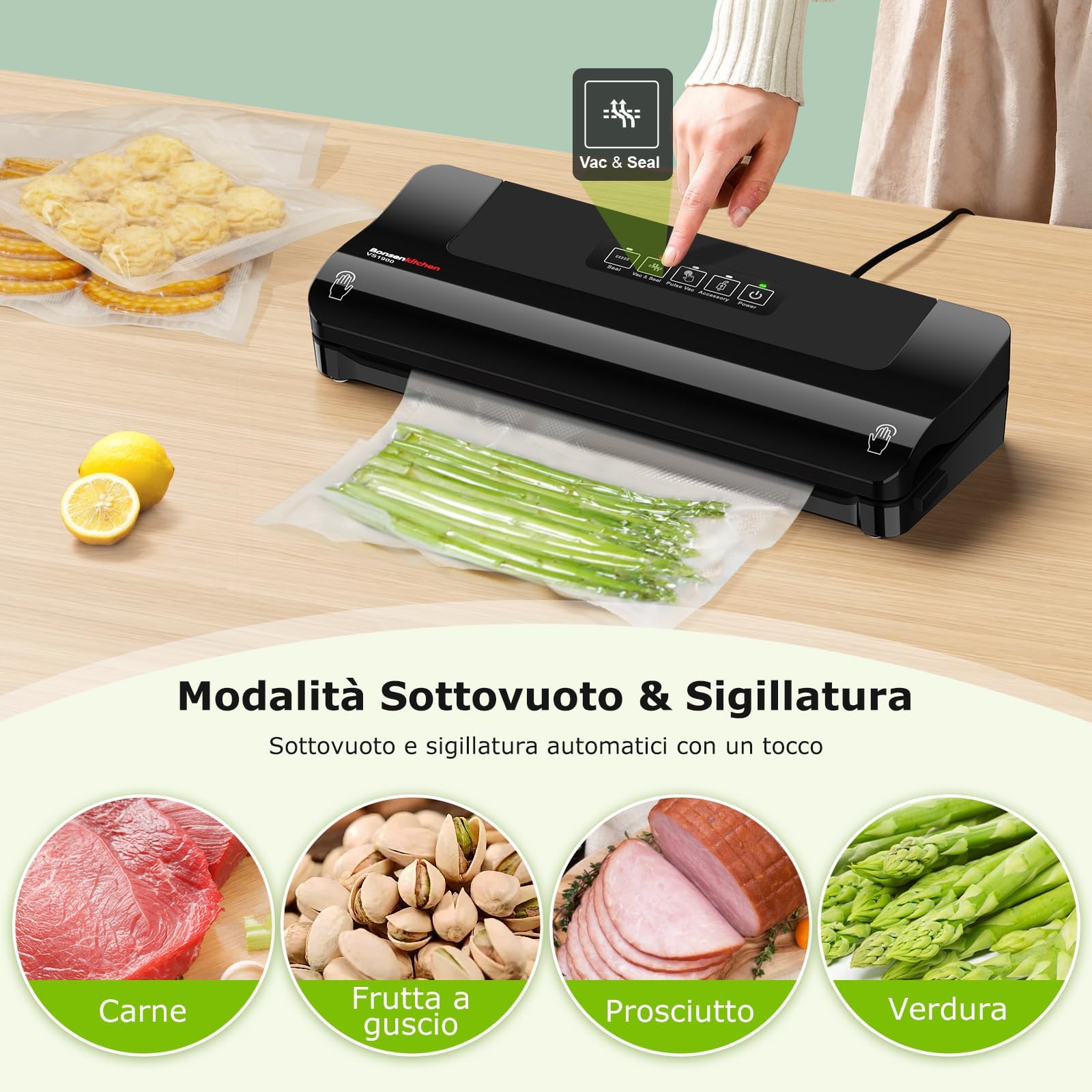 Bonsenkitchen Envasadora al Vacío – Máquina Doméstica Rápida y Compacta, 4 Modos, Trabajo Continuo de Alta Eficiencia, Incluye Bolsas y Manguera