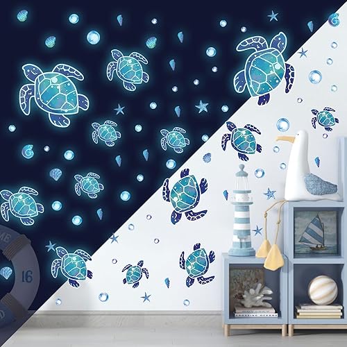 Miniatura 5 de Calcomanías de pared de tortuga marina que brillan en la oscuridad, calcomanías de pared de baño de tortuga marina para niños, bebé, guardería, sala