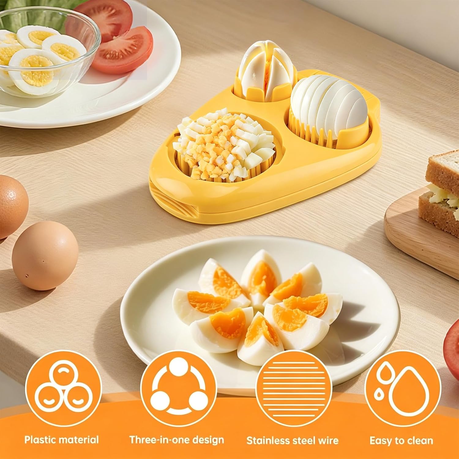 3 in 1 Boiled Egg Slicer, 3 Slice Modes Chopper Cutter with Brush, Manual Egg Slicer Steel Wire Dicer for Hard Boiled Eggs, Kitchen Gadget for Soft Fruit Butter, Labor Saving (Yellow) image 5