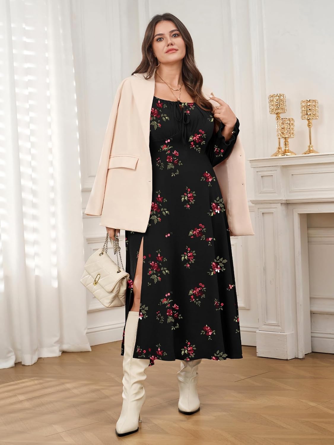 Women's Plus Size Milkmaid Dress Long Sleeve Square Neck Dress A-Line Flowy Maxi Wedding Guest Cocktail Formal Dresses - Image 6