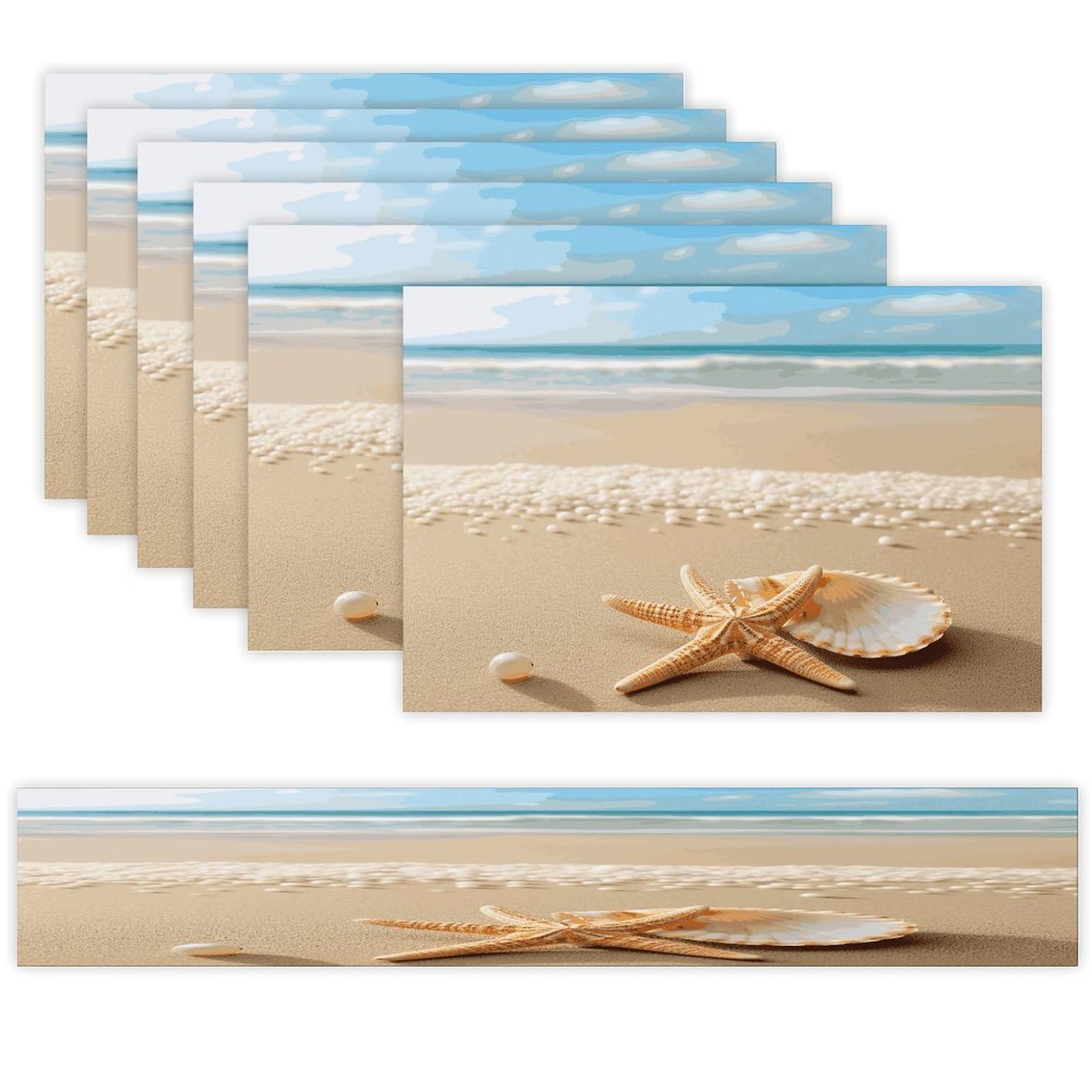 Starfish Shell and Beach Table Runner and Placemats Set of 6 for Kitchen Washable Table Mats Heat Resistant Place Mats Non-Slip Place Mat Wipeable Placemat(6 Placemats+1 Table Runner)