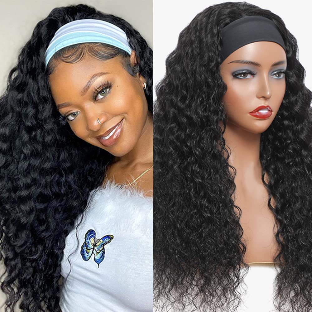 Headband Wig Human Hair Deep Wave Headband Wig Human Hair 150% Density Half  Wigs Glueless None Lace Front Curly Wigs Brazilian Virgin Human Hair Real