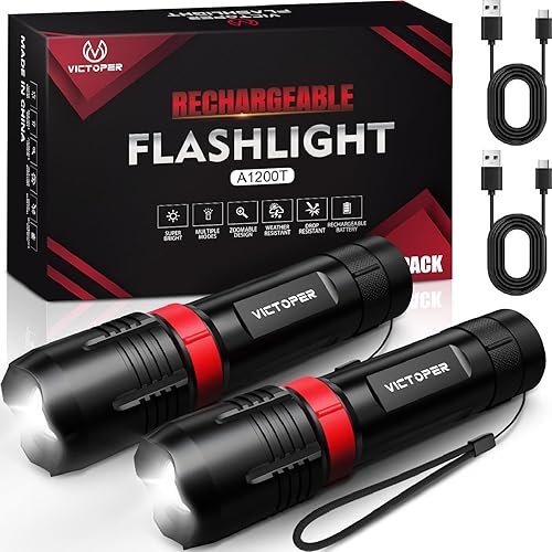 Victoper Rechargeabe - Linterna A1200T (2 unidades, 5 modos, LED, brillantes, tácticas, altos lúmenes, luz de flash impermeable con zoom para
