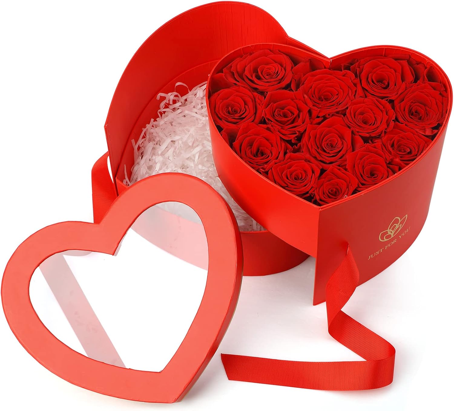 Crowye Valentine's Day Heart Shaped Gift Boxes Double Layer Flower Boxes with Window Lids and Ribbons Eternal Flowers Preserved Rose for Wife, Mothers Day, Valentine's Day Gift for Her(Red)