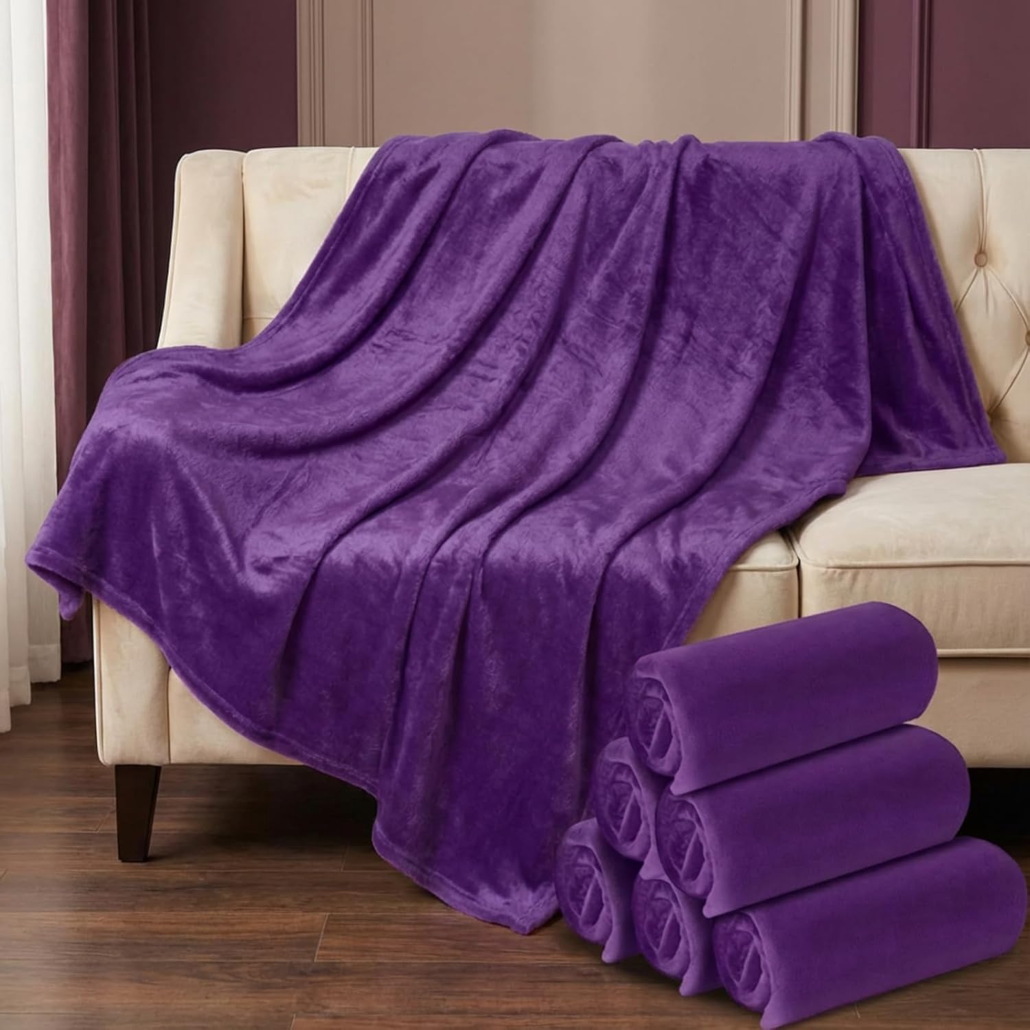 Preboun 6 Pcs 50" x 60" Purple Soft Fuzzy Fleece Throw Blanket Bulk Blankets for Homeless 285 GSM Micro Plush Flannel Throw for Bedroom Dorm Spa Travel Donation(Purple)