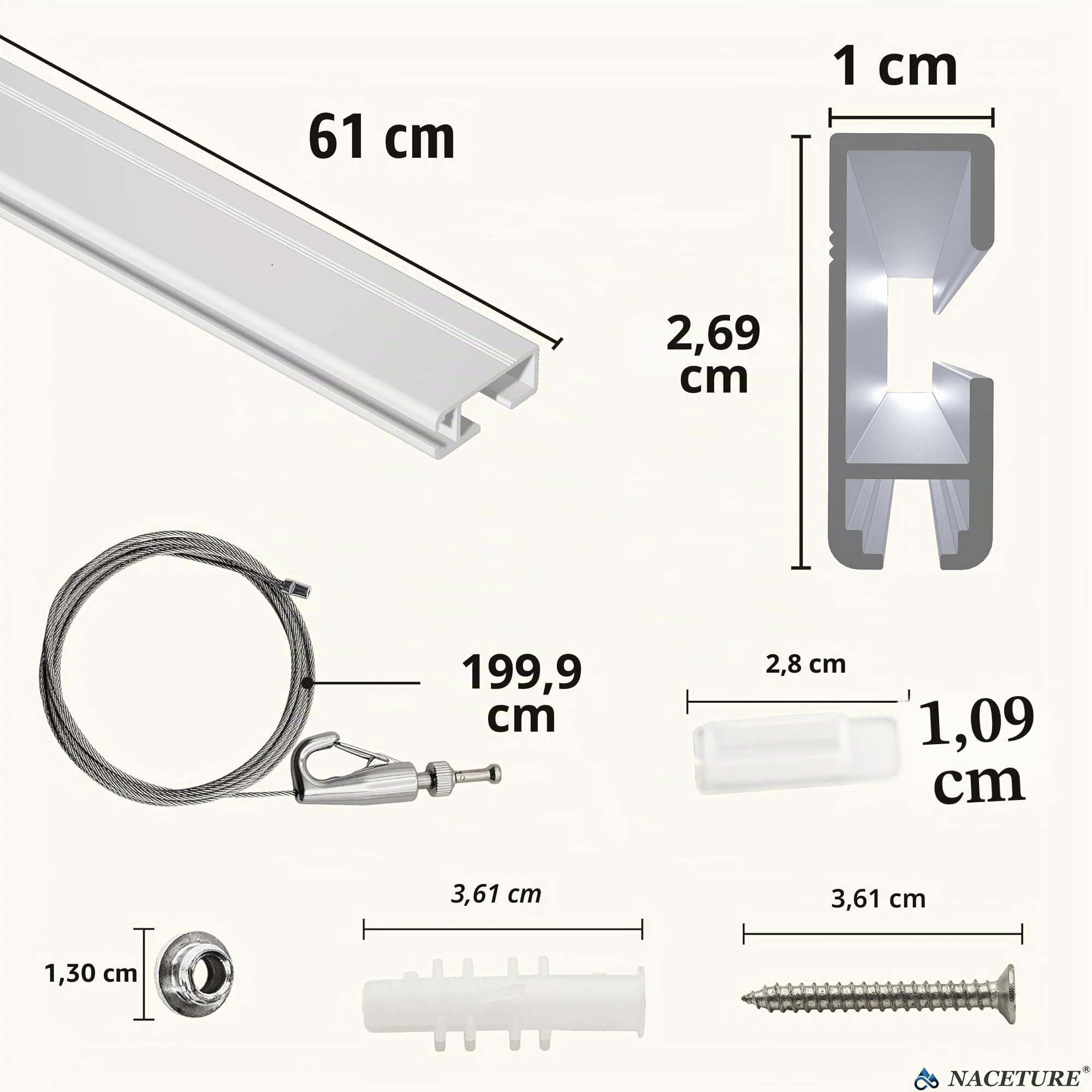 Système d'accrochage de cimaise – Système innovant de rail de suspension artistique comprenant 4 rails à photos de 61 cm, 4 crochets de 2 m et matériel d'installation – Kit élégant de suspension pour