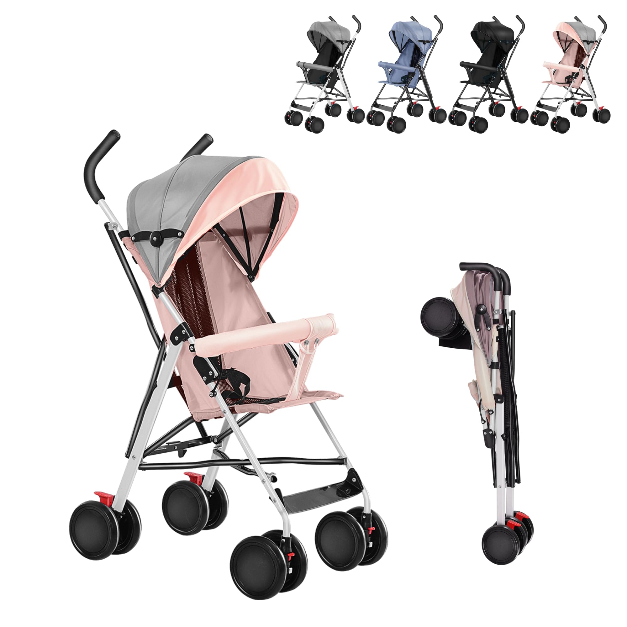 Cochecito compacto y plegable con alfombra fresca, cochecito de viaje plegable para bebé, de 6 meses a 4 años, hasta 25 kg (rosa)