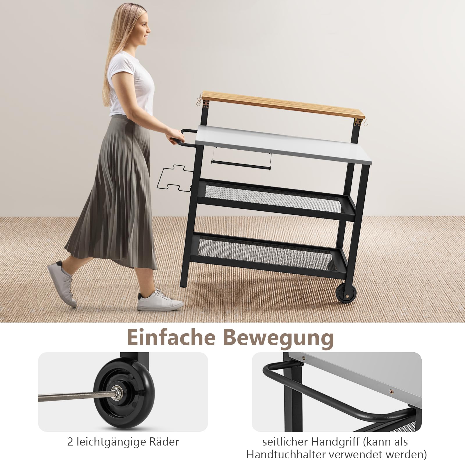 GIANTEX Grillwagen 4 Etagen mit Metall Arbeitsplatte & Müllsackhalter aufklappbarem Oberplatte Outdoor Servierwagen