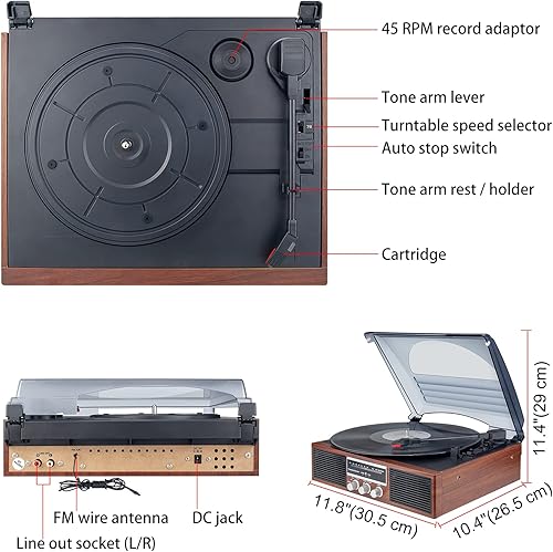 Miniatura 6 de Tocadiscos Bluetooth, tocadiscos de 3 velocidades, tocadiscos de vinilo, radio FM con 2 altavoces estéreo incorporados, 33, 45, 78 RPM, reproductor
