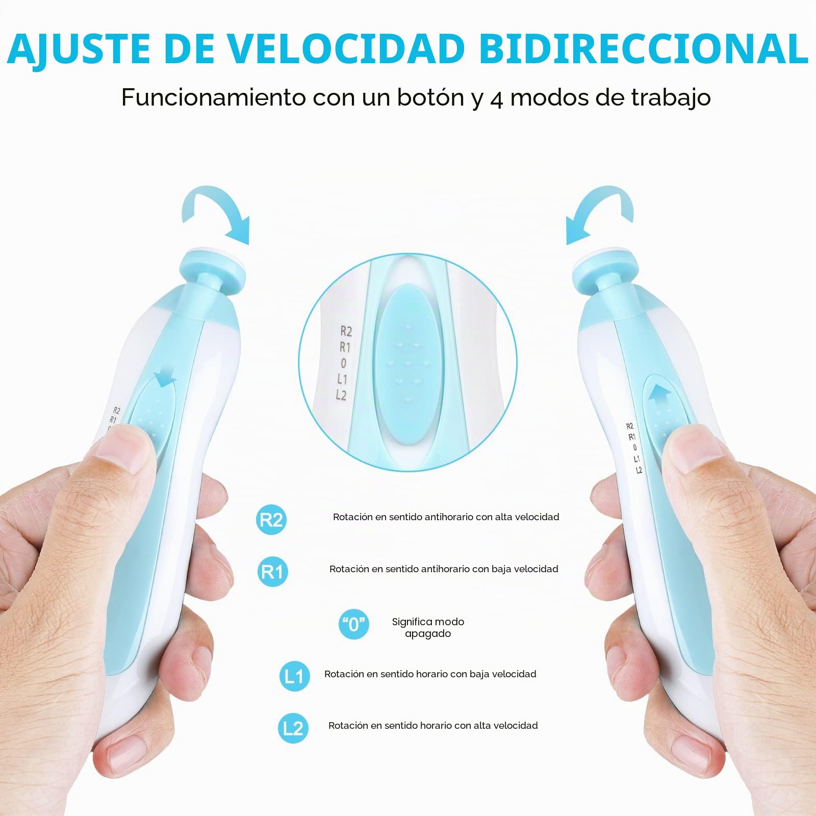 Lima de uñas eléctrica para bebés, cortaúñas 8 en 1 seguro, con 6 cabezales de pulido y luz, kit de cuidado de uñas para todas las edades (azul 1)