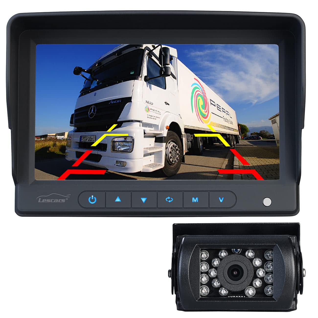 Lescars cámara Marcha atrás para Autocaravana: Conjunto de cámara de Marcha atrás, Pantalla HD a Color de 17,78 cm (7"), Botones táctiles iluminados (Instalar reversa en camión)