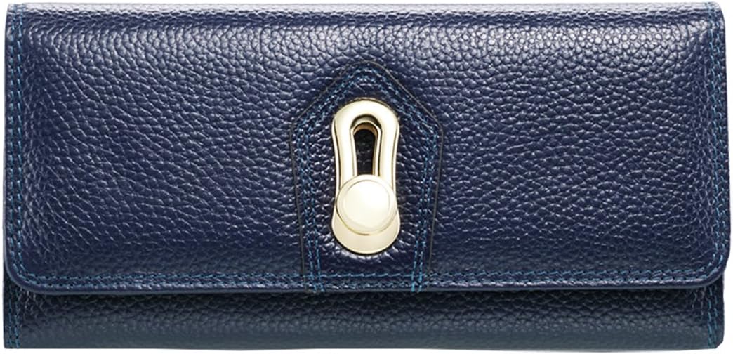 Genuine Leather Cards Large Space Wallet for Women by OLEWELL-12 Cards Slots-1 Zipper Pocket-Blue