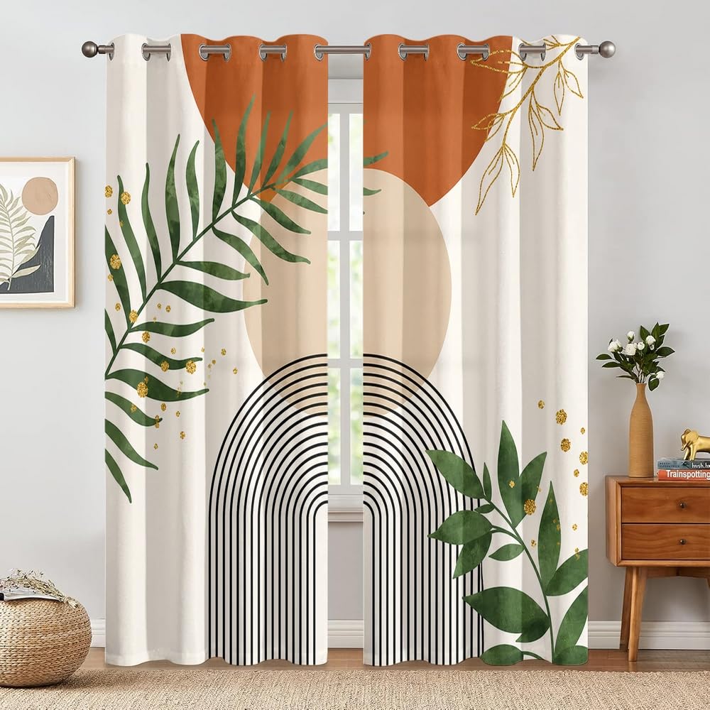 Rideaux occultants bohème feuille botanique beige terre cuite Fchen art