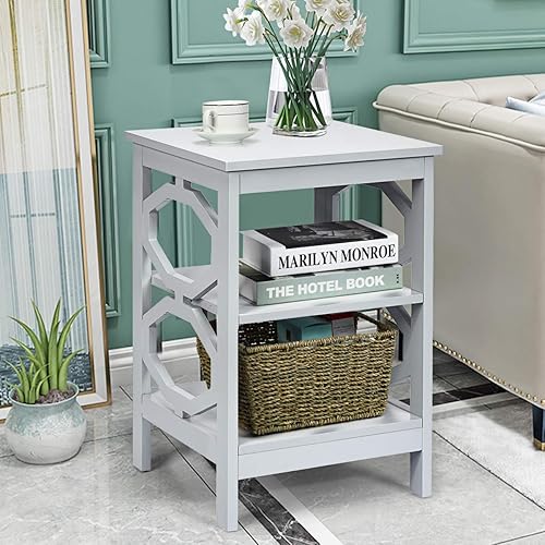 Miniatura 5 de Giantex Mesita de noche de 3 niveles, mesa auxiliar Omega con estantes de almacenamiento, estructura estable, mesas de noche versátiles, mesa