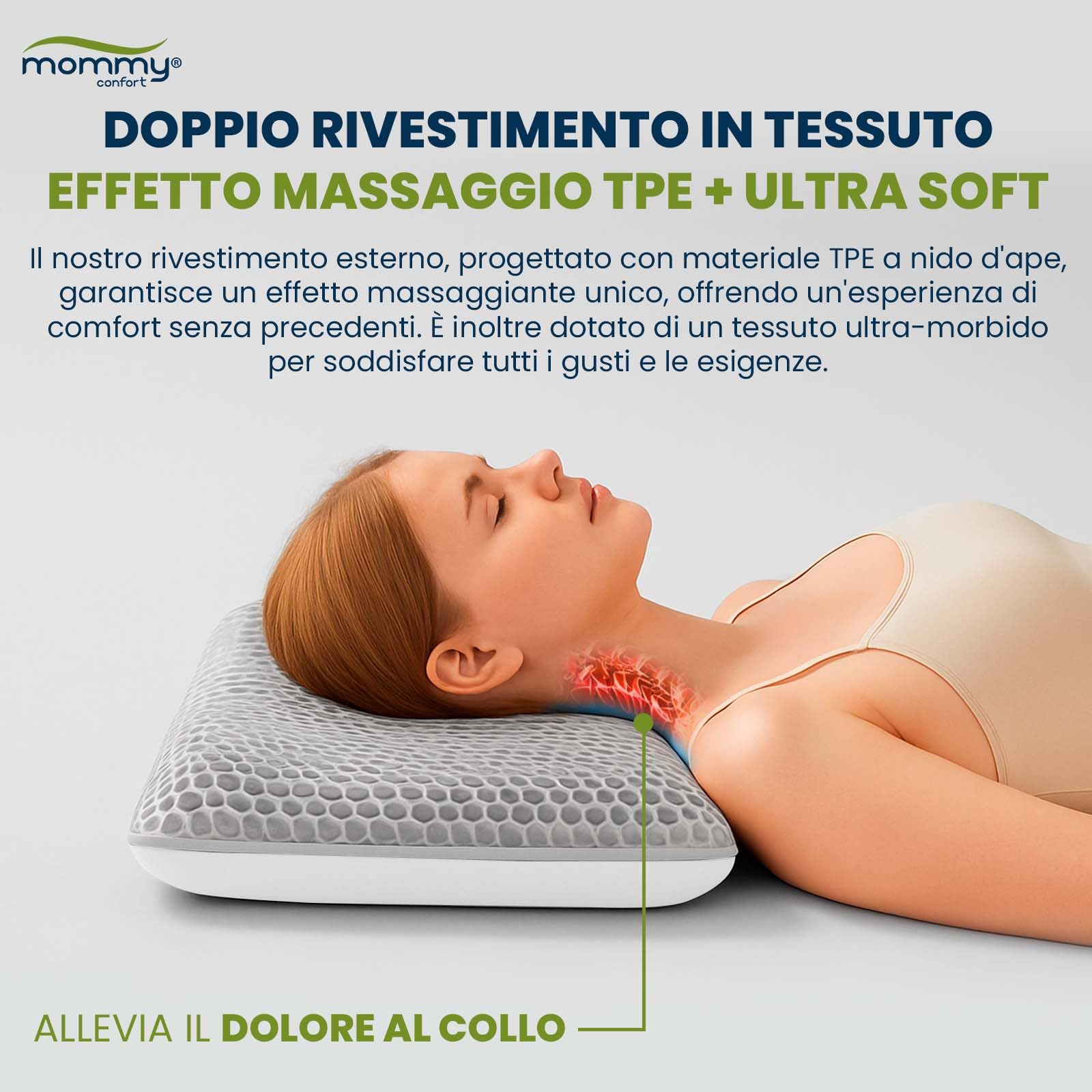 Cuscino Cervicale Viscoelastico Memory Foam 60x40 – Nucleo 100% Visco ad Alta Densità – Federa TPE 4D a Nido Effetto Massaggio – Allevia Dolori Cervicali – Fodera Rimovibile Lavabile
