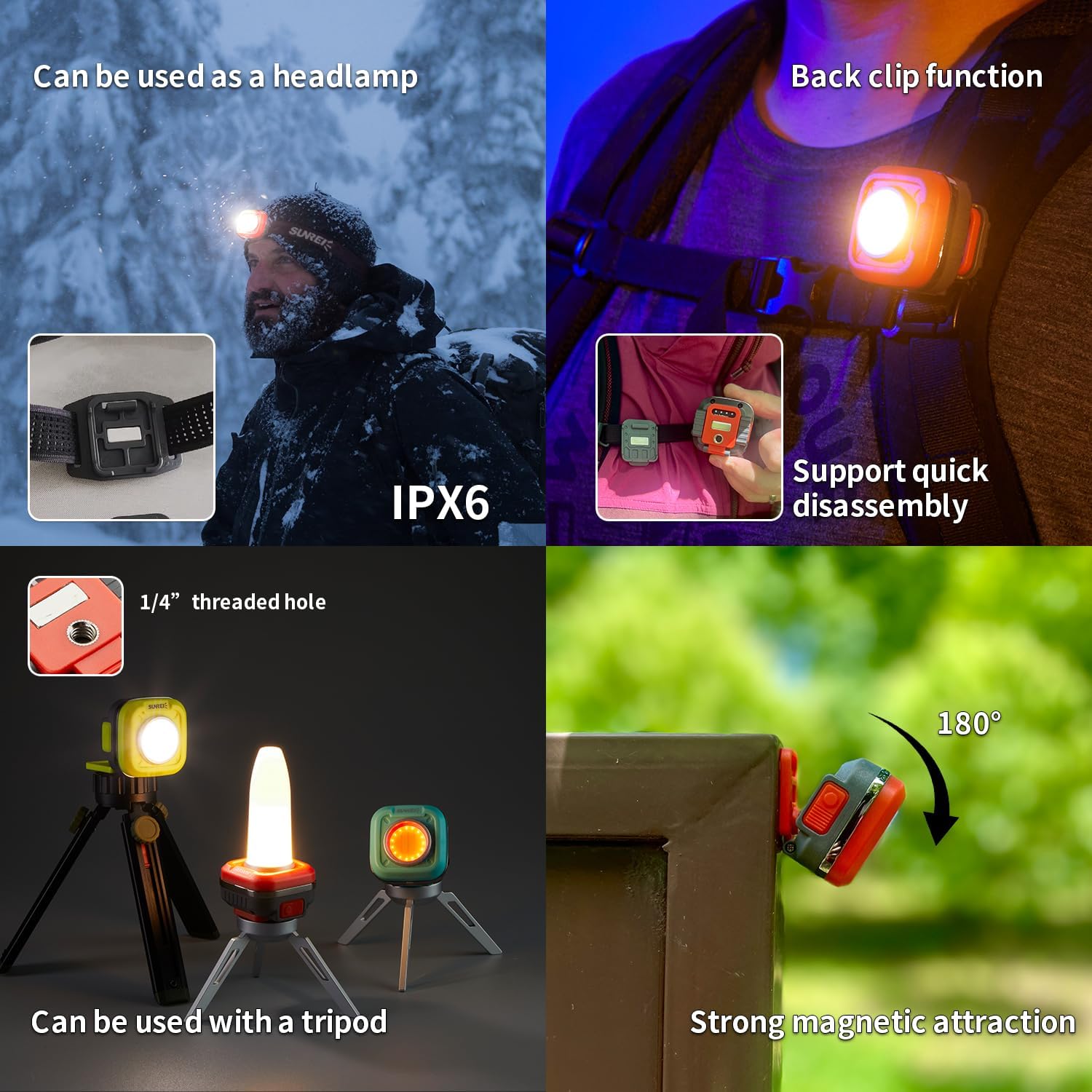 SUNREI Outdoor Multi-Function Mini Rechargeable Night Light with 4 Modes, Stepless Dimming Flashlight, 180° Rotation Clip Light, Including Back Clip and 1/4" Threaded, IPX5 for Camping, Car Repairing