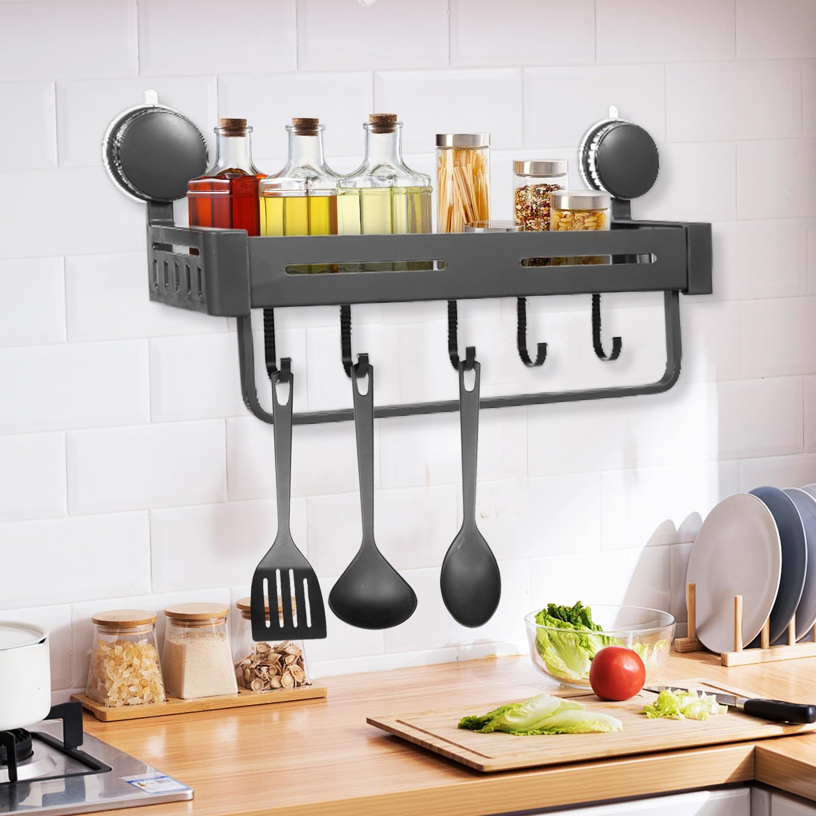 Estante de Almacenamiento de Aluminio y Plástico con Ventosa Organizador de Especias y Utensilios Ahorro de Espacio Práctico para Cocina y Despensa