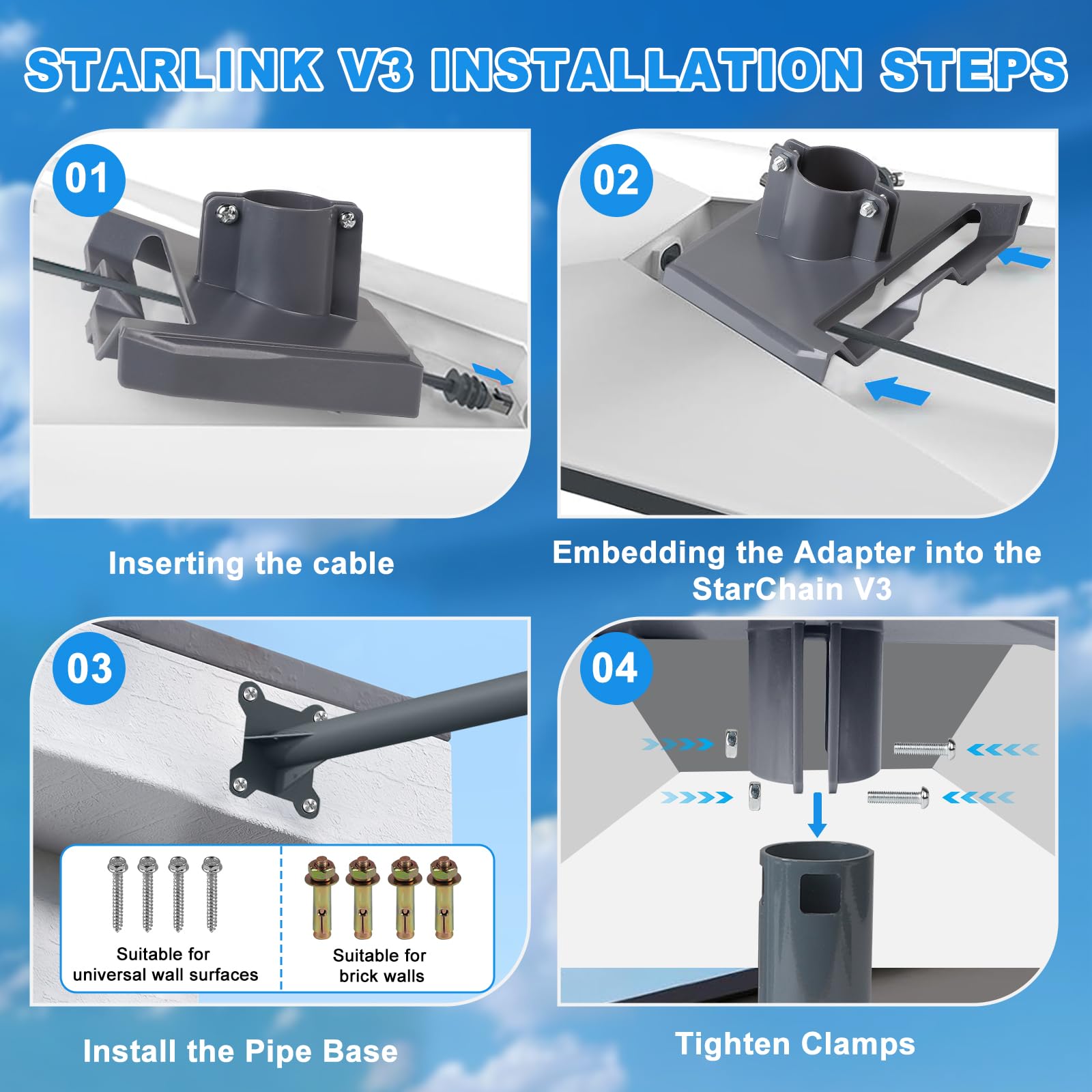 EXLECO Support Mural Starlink Gen 3/Gen 2, Fixation Starlink V3/V2 Réglable à 360°, Adaptateur de Tuyau Starlink Gen 3 Mount D'antenne, Kit de Montagee Compatible avec Starlink V3 Standard Dishy