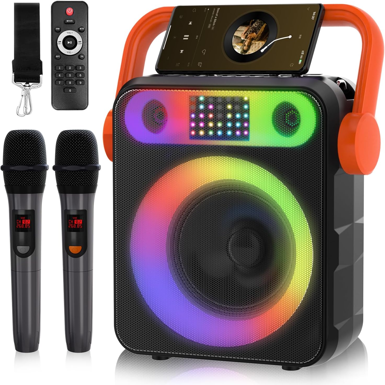 Maszyna do karaoke z dwoma mikrofonami bezprzewodowymi, przenośna maszyna do karaoke dla dorosłych i dzieci, głośnik Bluetooth z regulacją basów/treble, system PA, diody LED, obsługuje TF/USB, AUX IN, FM, REC, TWS