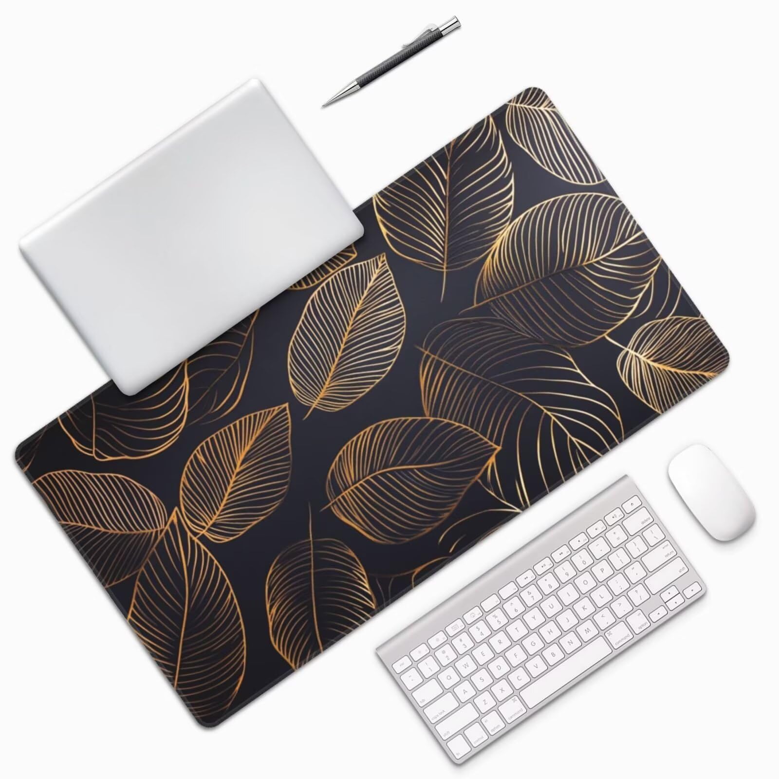 Gaming Mauspad XXL 900x600x3mm Mousepad Verlängertes Groß Mauspad Schreibtischauflage,Genähte Kanten rutschfeste Gummibasis,Verbessert Präzision Geschwindigkeit Home Office Schwarzes Blattgold L-2342