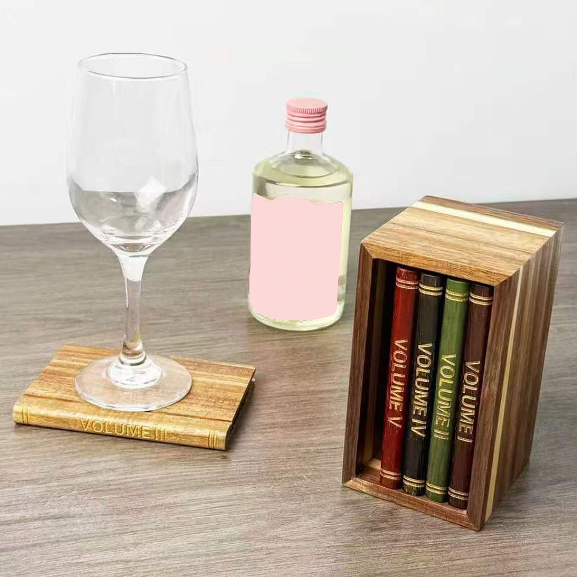 Posavasos De Madera De Acacia con Soporte - Juego De 5 Posavasos Decorativos Estilo Libro para Café, Té Y Cócteles - Decoración del Hogar Regalos De Inauguración De Casa Cumpleaños