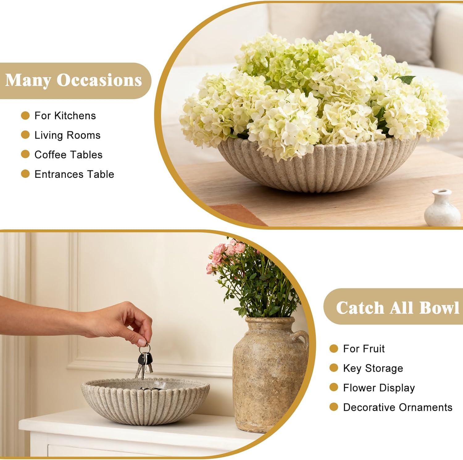 Large Decorative Bowl for Home Decor 12 Inch Resin Fruit Bowl Sandstone Ruffle Key Bowl for Coffee Table Shallow Centerpiece Bowl Catch All Bowl for Kitchen Counter, Entryway, Living Room