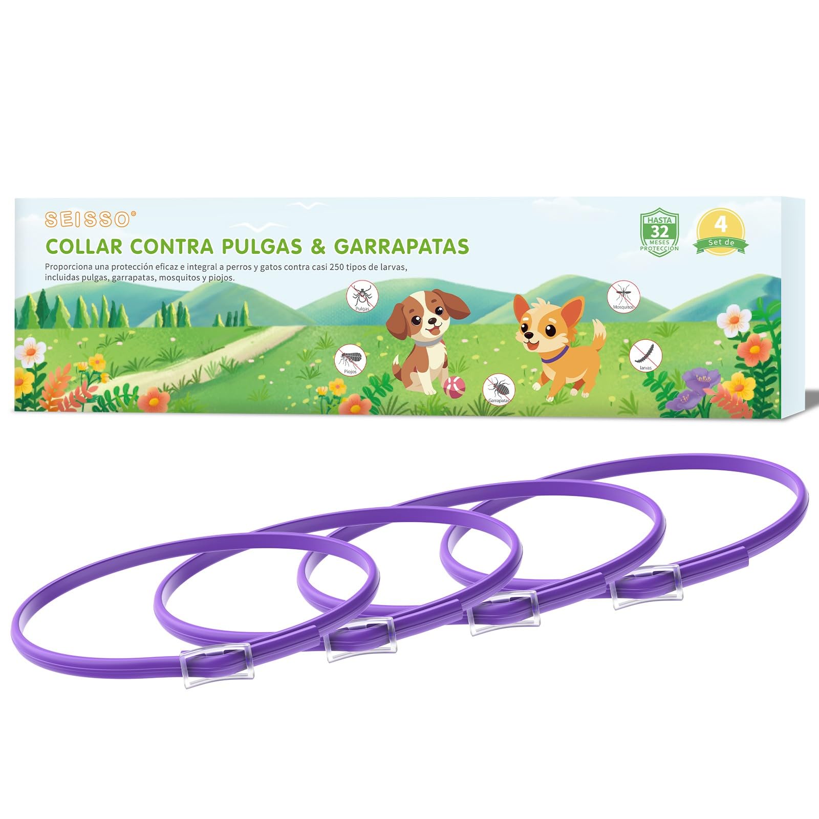 SEISSO 4 Collares Anitparasitarios para Gatos, Set de 4 Collar contra Pulgas y Garrapatas con 24-32 Meses de Protección, Collares Antipaulgas para Perros Pequeños y Gatos, 34.5cm, Morado