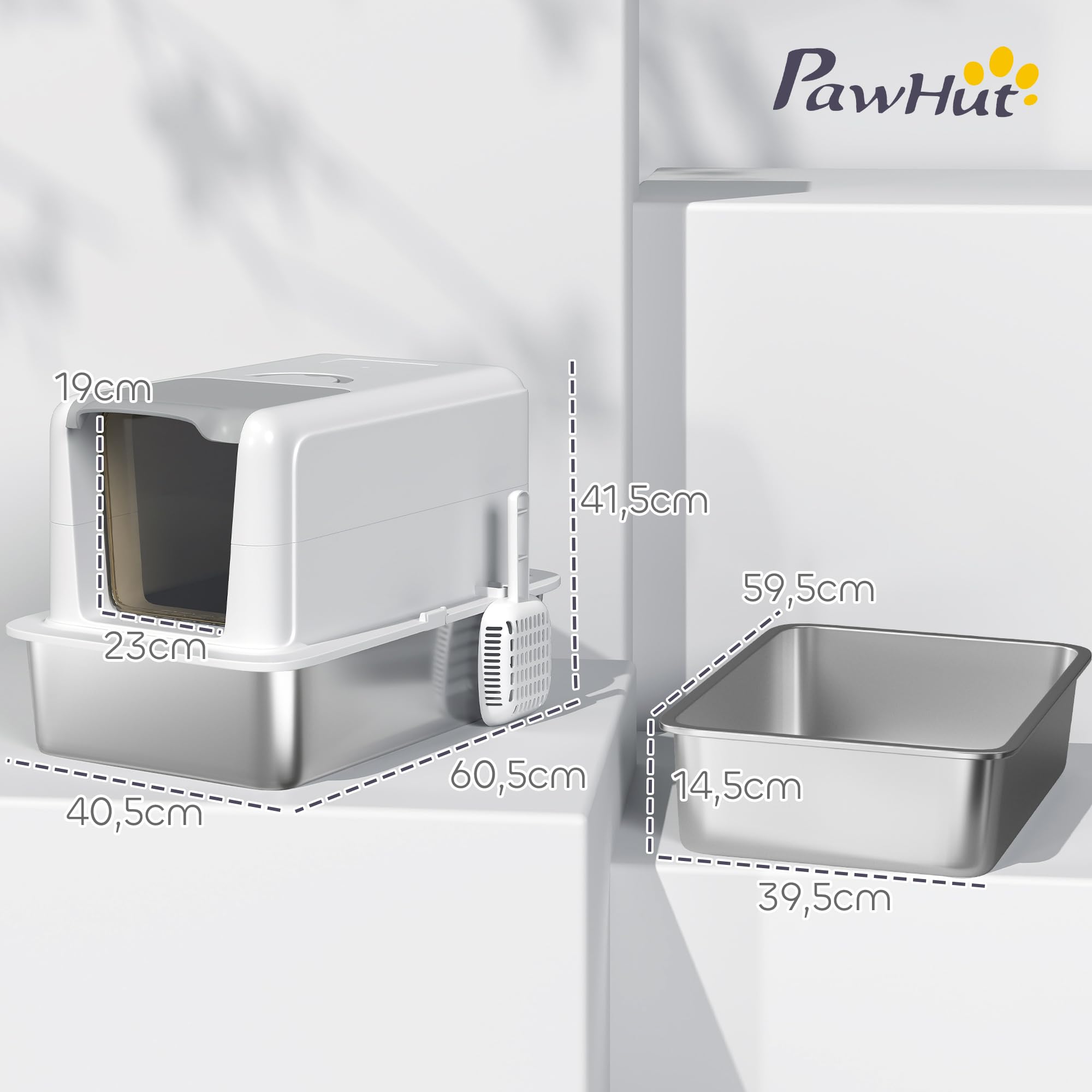 PawHut Katzenklo XXL mit Deckel für Große Katzen 40,5x60,5x41,5 cm Weiß | Edelstahl, Katzentoilette mit Wanne, Eingebauter Streufilter, Streuschaufel, Cat Litter Box