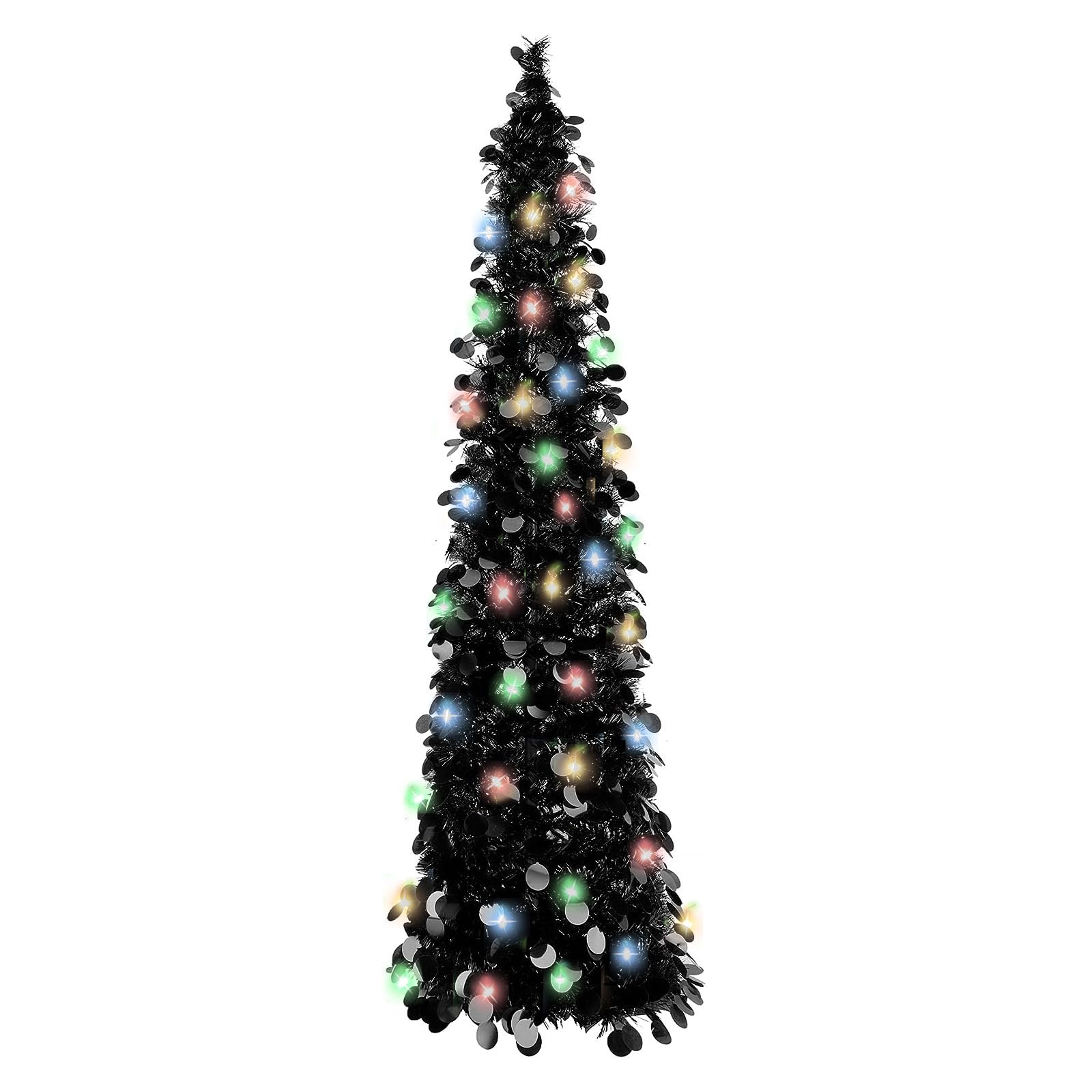 Photo 1 of 5FT Black Pop Up Christmas Tree, Collapsible Artificial Christmas Tree Tinsel Pencil Halloween Tree with Light (90 LED) Halloween Decorations for Home Holiday Fireplace Party Indoor Outdoor