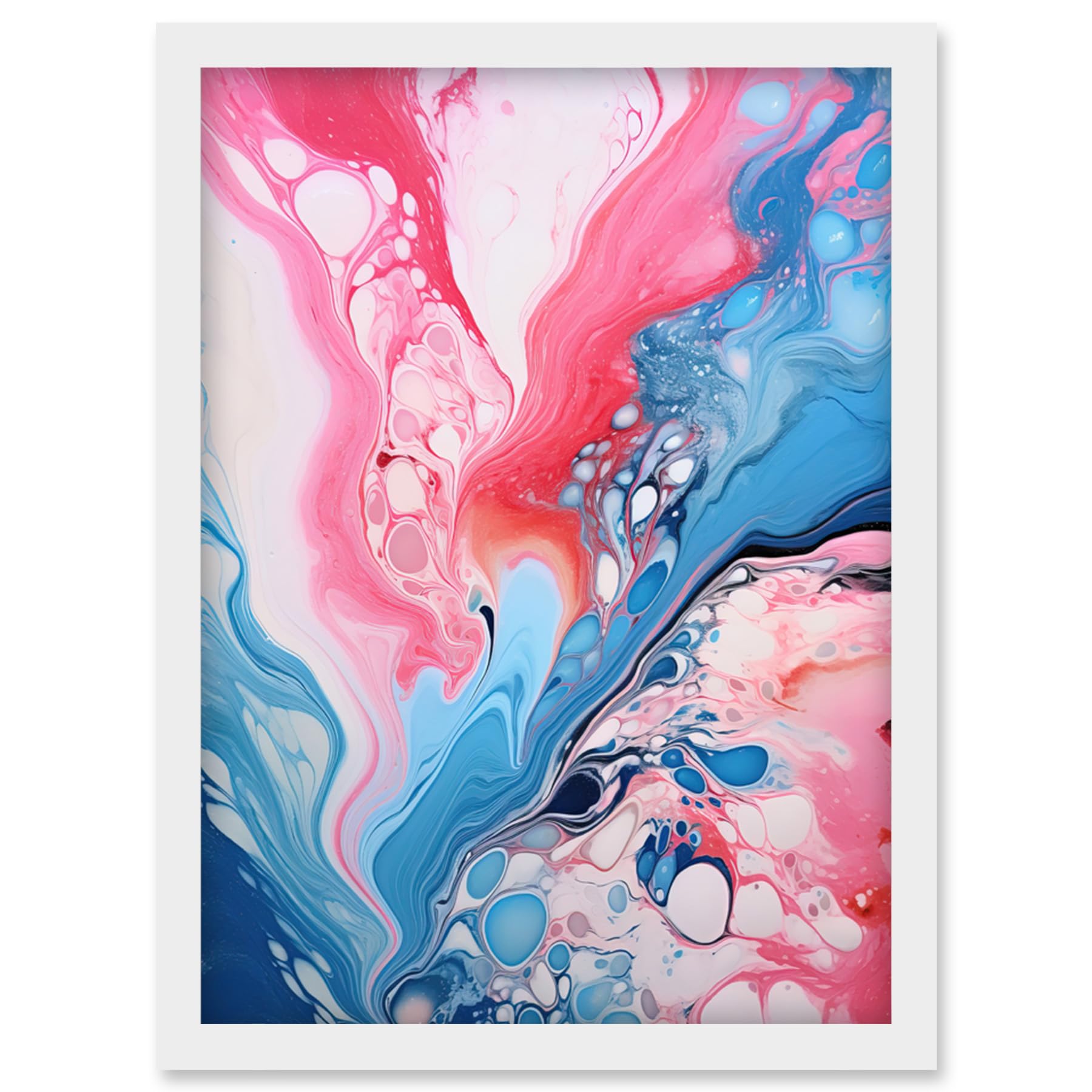 Artery8 Fluid Paint Acrylic Pouring Abstract Artwork Pink Blue Flowing Colours Artwork Framed Wall Art Print A4