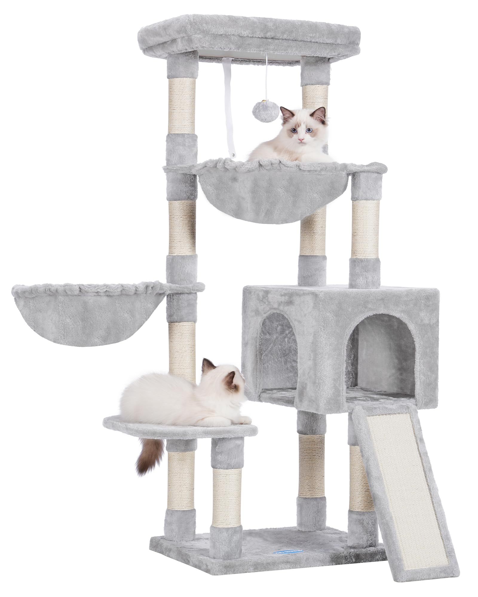 Hey-brotherLarge Cat Tree, Cat Tower for Indoor Cats, Cat House with Padded Bed, Cozy Condo, Hammocks, Sisal Scratching Posts, Big Scratcher, Light Gray MPJ006-MW