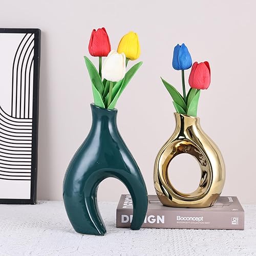 Miniatura 5 de Juego de 2 jarrones huecos de cerámica verde y dorado, moderno de mediados de siglo, florero decorativo de donas, jarrón dorado bohemio para hierba