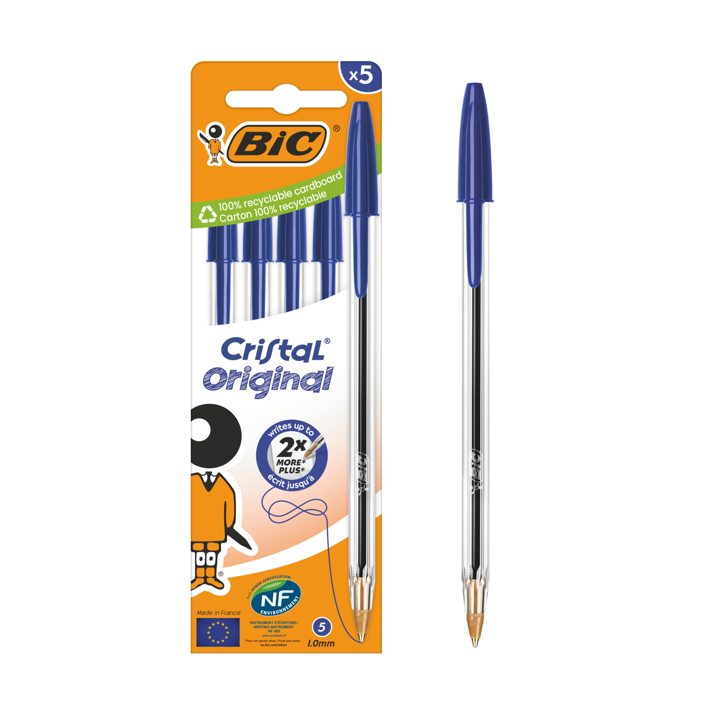 BIC 5 stylos bille Cristal, encre bleue - Le paquet de 5 stylos
