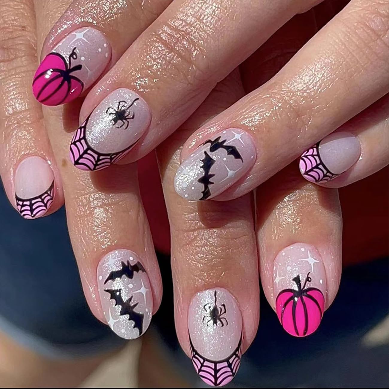 Pink French Tip Press on Nails Short Oval Fake Nails with Spider Web Bat Designs, Glitter Pumpkin False Nails Full Cover Stick on Nails Acrylic
