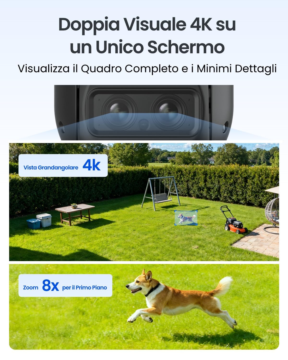 Reolink 4K Telecamera Senza Fili da Esterno a Batteria, Trackmix Grigio | 360° PTZ con Pannello Solare, Tracciamento Automatico, Doppia Lente, Visione Notturna a Colori, Rilevamento Intelligente