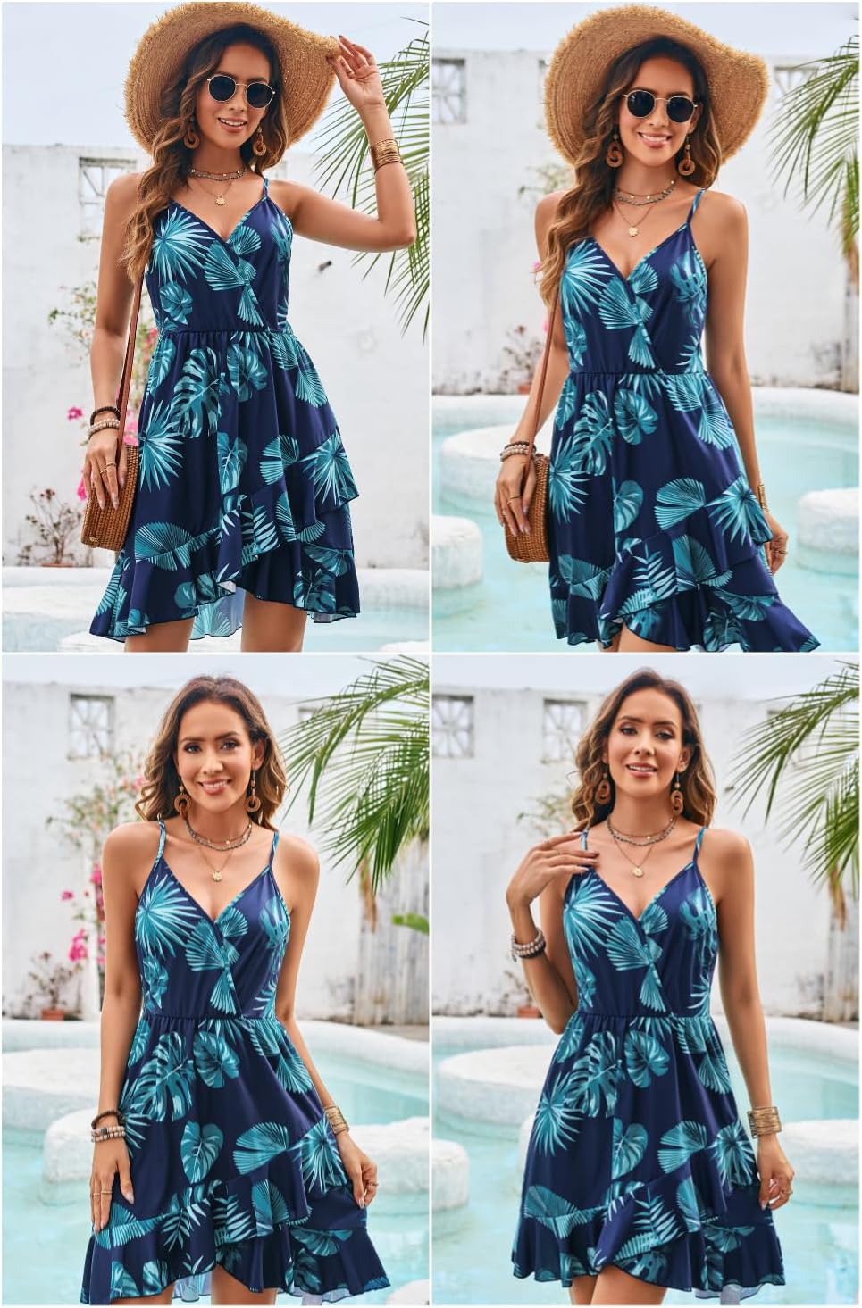 ULTRANICE Womens Summer Dresses Floral V Neck Ruffled Hem Spaghetti Spring Casual Beach Outfits Flowy Wrap Sun Dress - Image 4