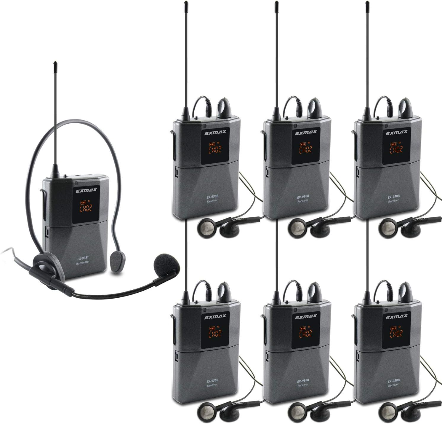EXMAX UHF-938 UHF Transmisión Acústica Auriculares Inalámbricos Micrófono Audioguía Sistema 433MHz para Traducción Iglesia Enseñanza Viajes Interpretación Simultánea (1 Transmisor y 6 Receptores)