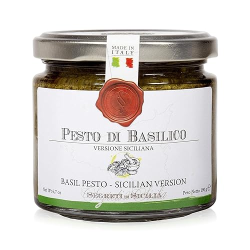Frantoi Cutrera Salsa clásica de pesto de albahaca para cobertura de pasta y bruschetta, crema italiana para untar con albahaca, pistacho, almendras