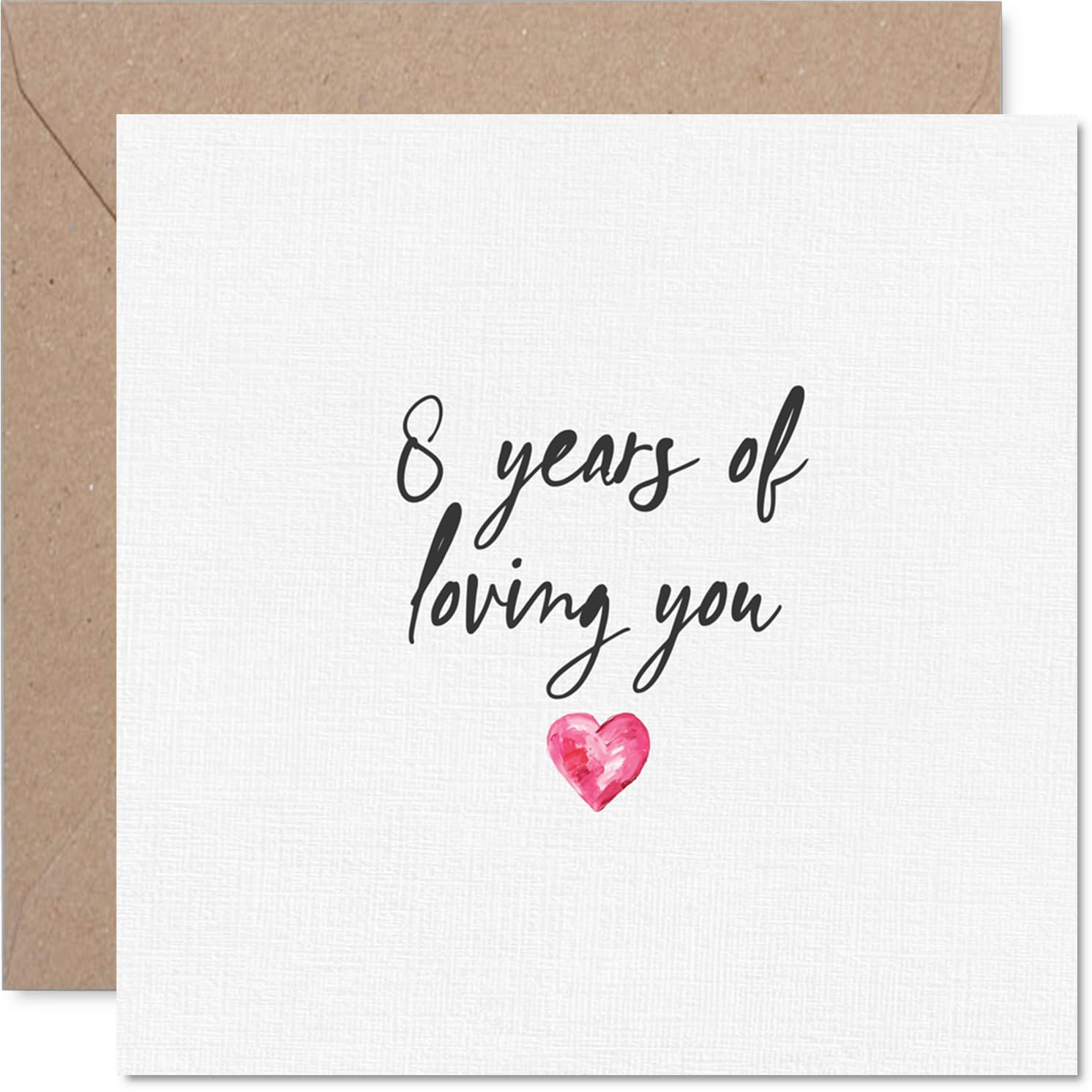 Heartfelt 8th Anniversary Card - Eight Years and Still Going Strong - Pink Heart Motif with Simple White Background - 145mm Square, Envelope Included