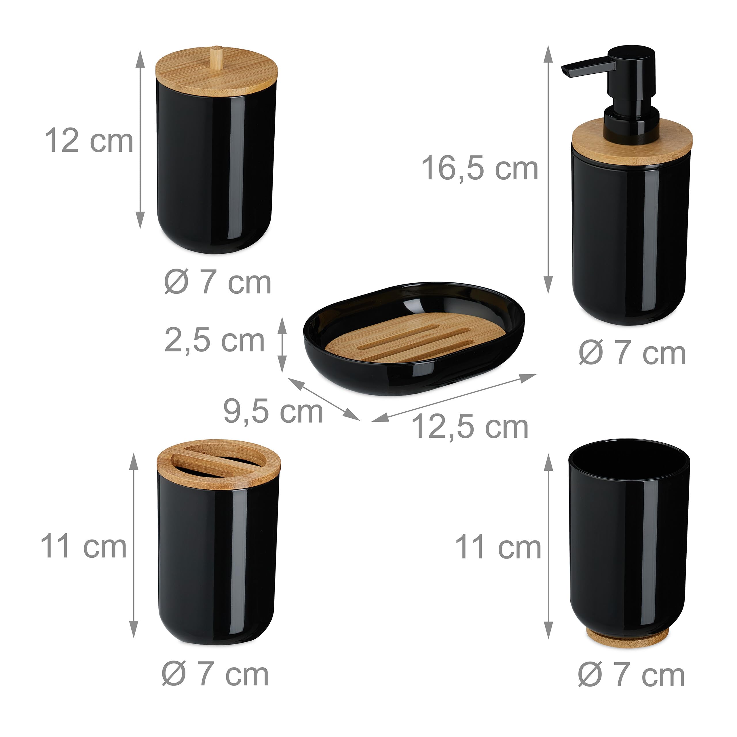 Relaxdays Lot de 7 Accessoires pour la Salle de Bain, Plastique et Bambou, Set Pratique, Noir et Nature