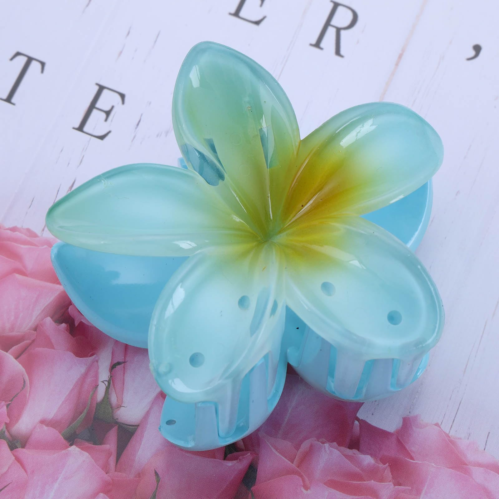 Enautoabs Large Flower Hair Claw Hairclip Hawaiian Plumeria Hairclip Claw Summer Beach Tropical Hair Barrette Cute Acrylic Flower Claw Clip Jaw Clamp Decorative Hair Accessories(Blue&Green) - Image 3