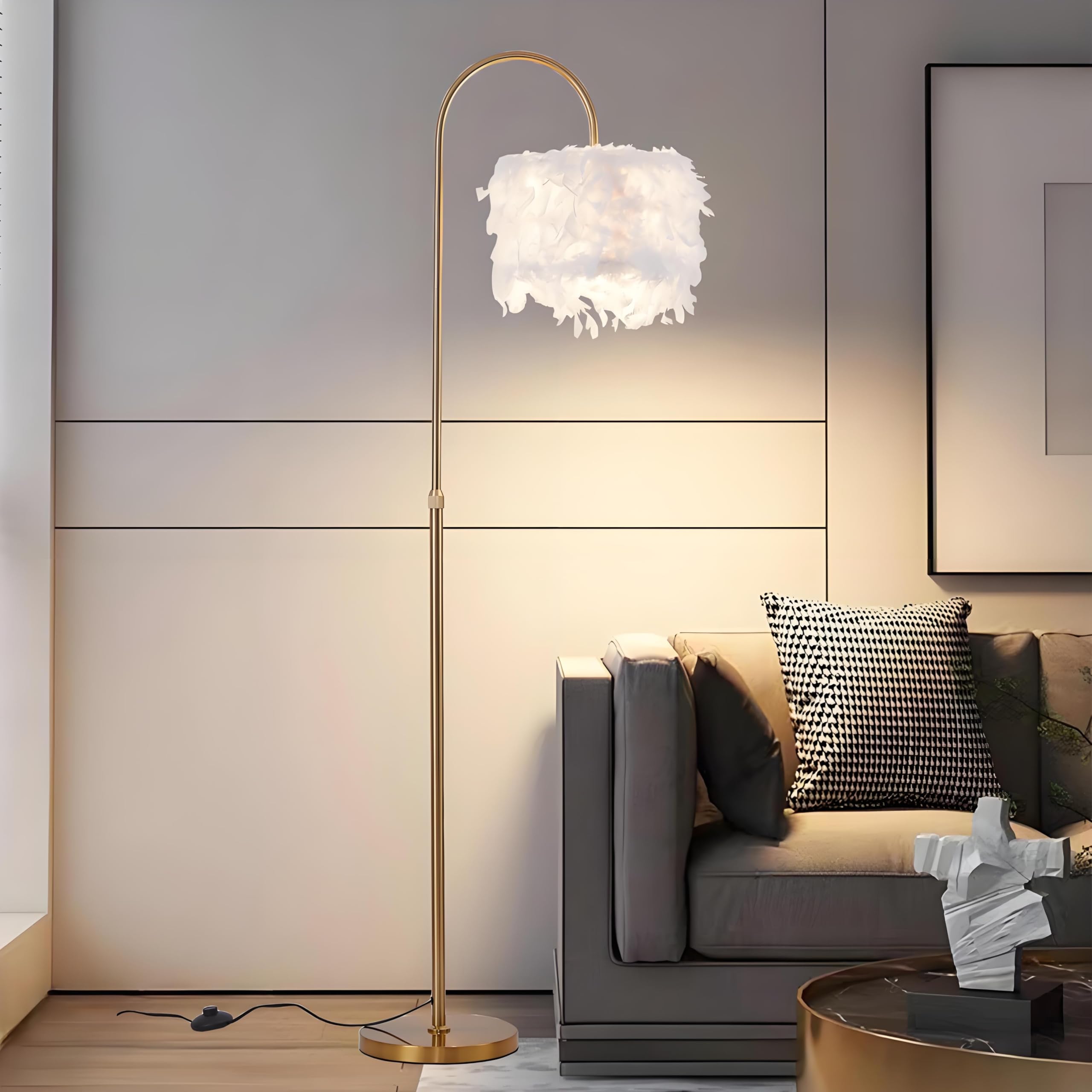 Photo 1 of Kardleen Arc Feather Floor Lamp, Gold Modern LED Feather Standing Lamp, Natural Feather Decorative Tall Lamp with Foot Switch, Brass/Gold Finish, for Living Room Bedroom Office Shop Window