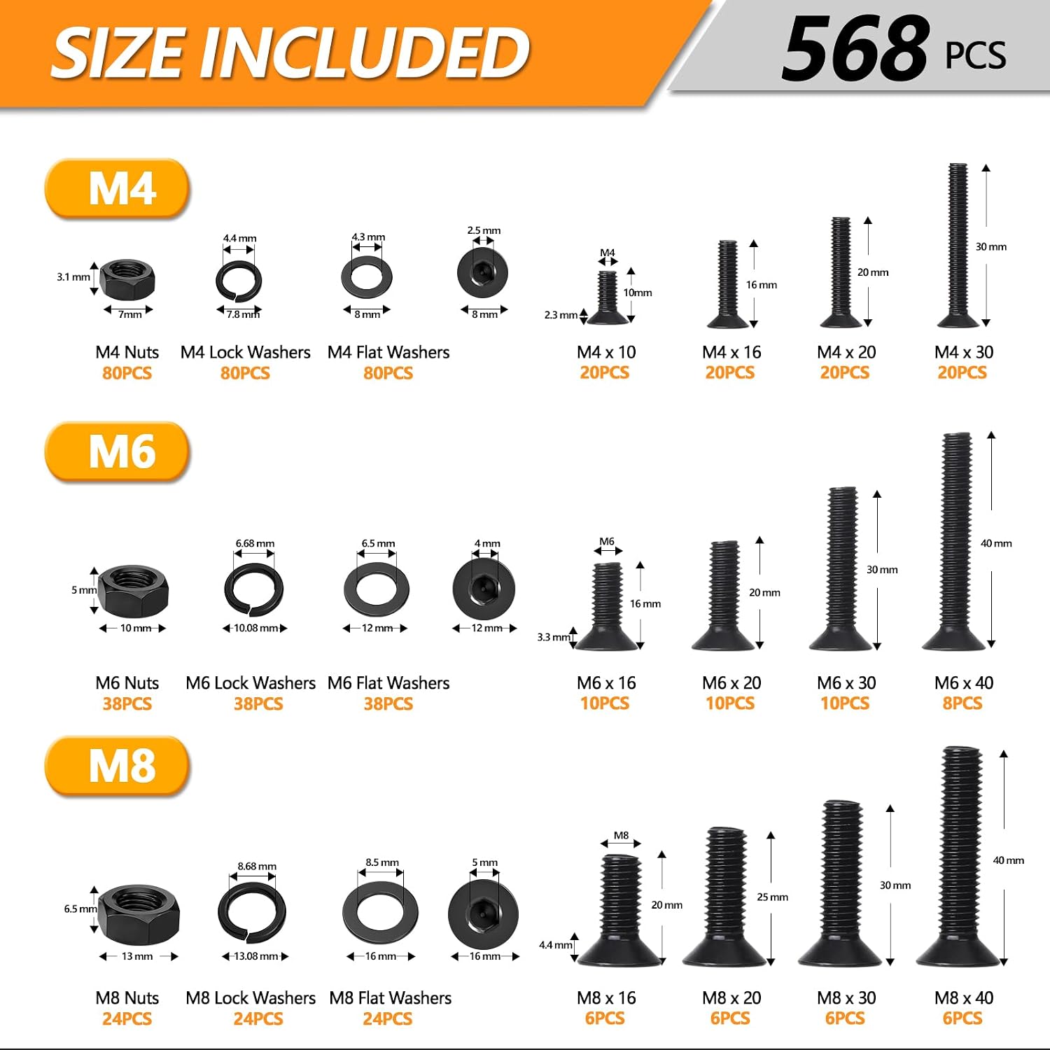 568 pcs M4/M6/M8 Hex Socket Flat Head Screw Bolts and Nuts Kit, 10.9 Grade Alloy Steel Metric Thread Hexagon Allen Machine Bolt, Black Screws Assortment Kit，A Black Hex Flat Head Cap Bolts