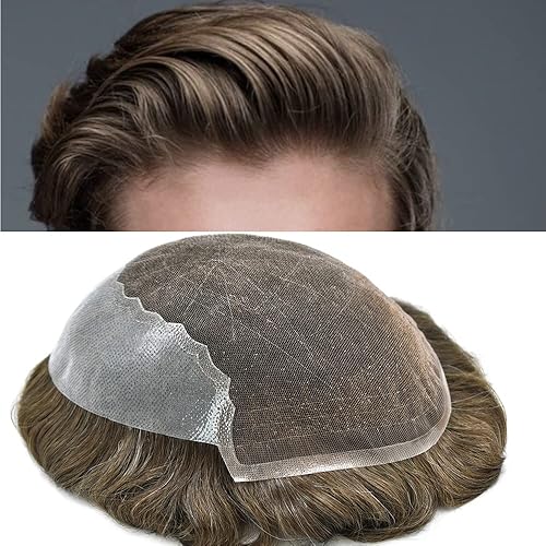 Miniatura 8 de Toupee para hombres, cabello humano europeo, indetectable encaje francés, sistema de reemplazo de cabello para hombres, nudos blanqueados,