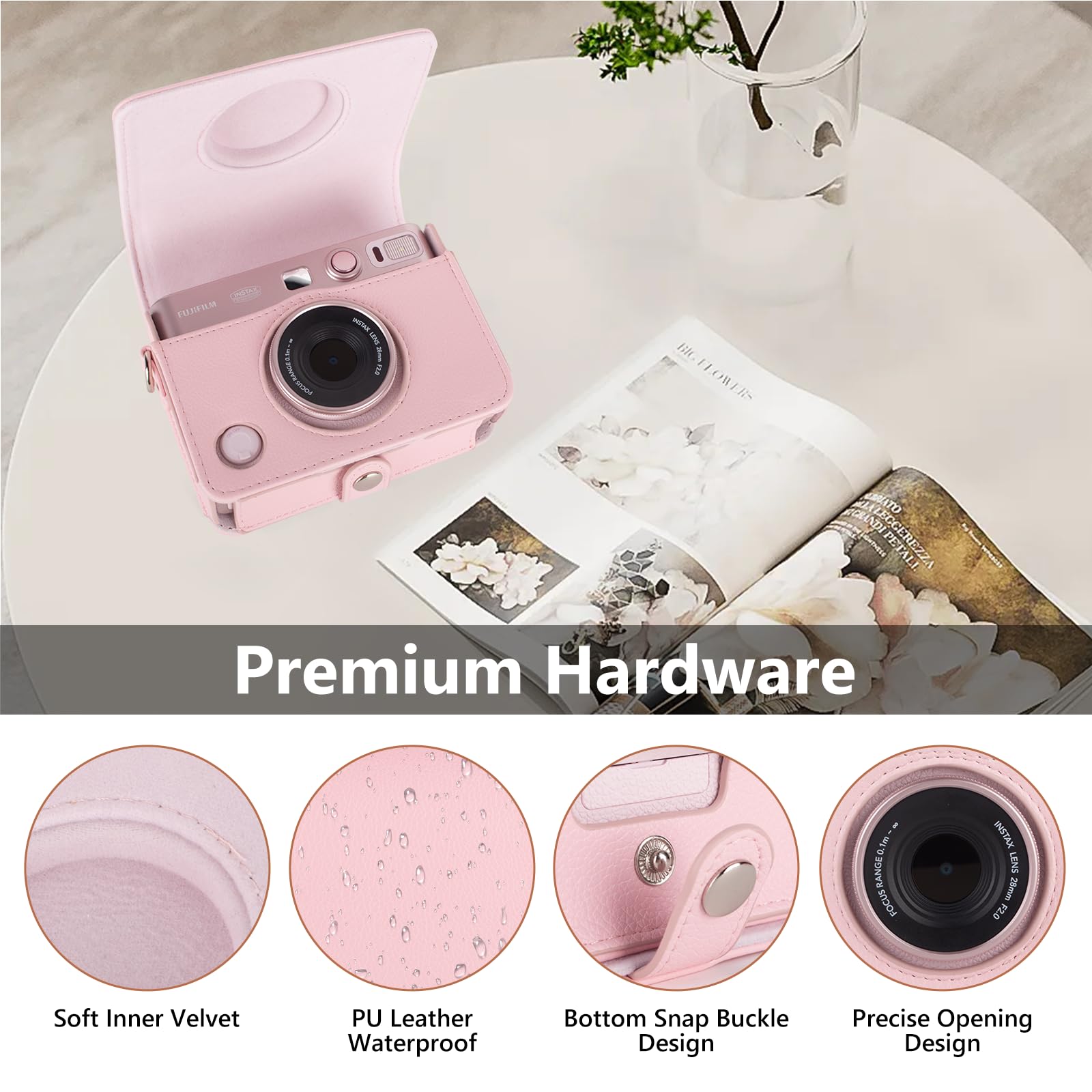 MUZIRI KINOKOO Pokrowiec na aparat Fuji Mini Evo, etui ochronne ze skóry PU kompatybilne z Fuji instant, z paskiem na ramię – kolor miękki różowy, nowoczesny design